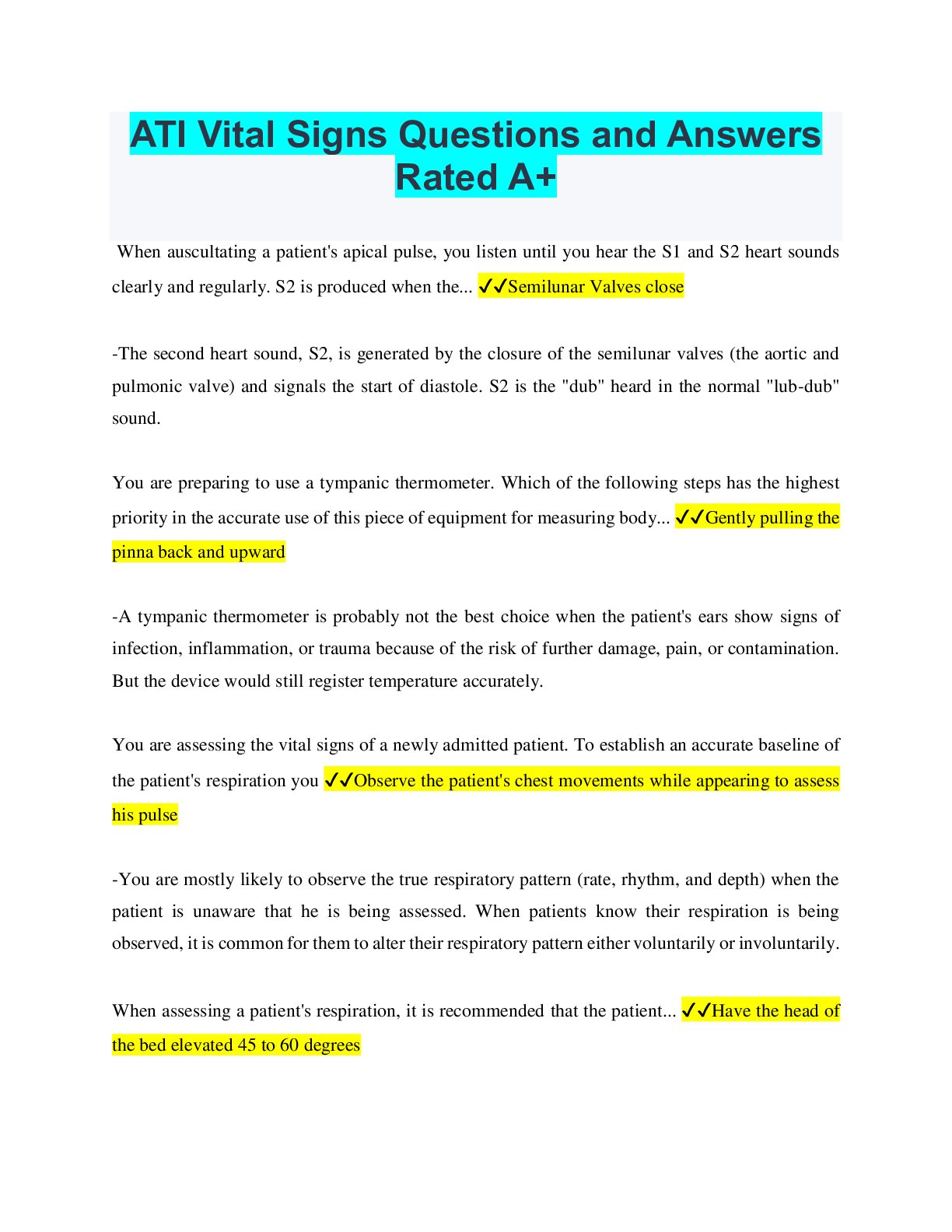 Preview of ATI Vital Signs Questions and Answers Rated A+